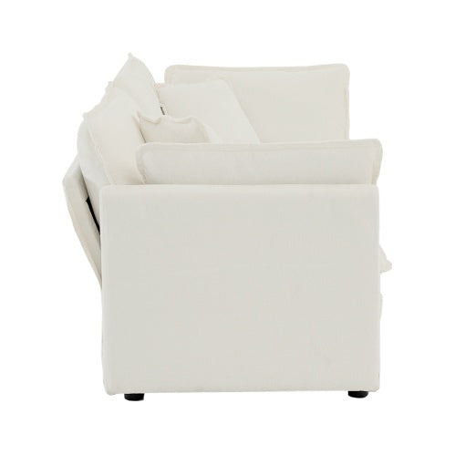 Modern Fabric Loveseat Sofa Couch For Living Room, Upholstered Large Size Deep Seat 2-Seat Sofa With 4 Pillows ,White Chenille